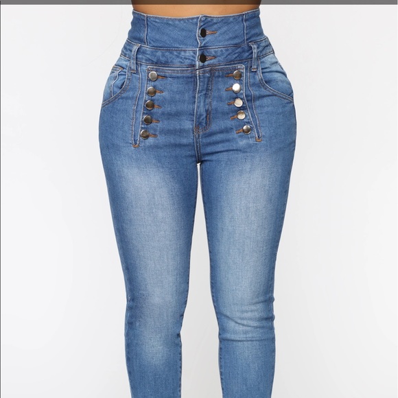 Fashion Nova. High Rise Sailor Double Button Skinny Jean. Medium Wash - Picture 3 of 6